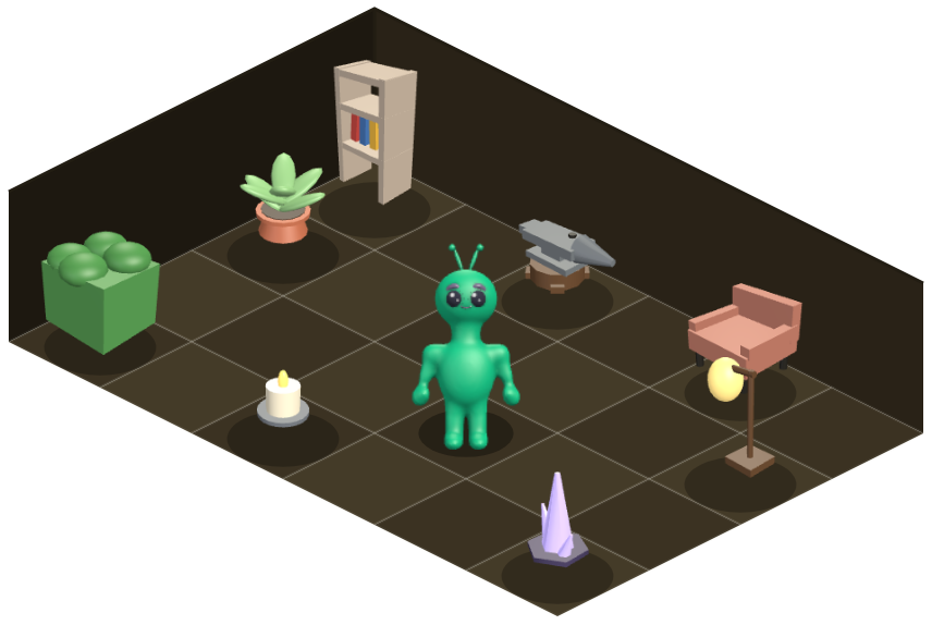 La habitación de un Nomms: estantería, butaca, un yunque, plantas, un velón y un cristal, con el Nomms en medio